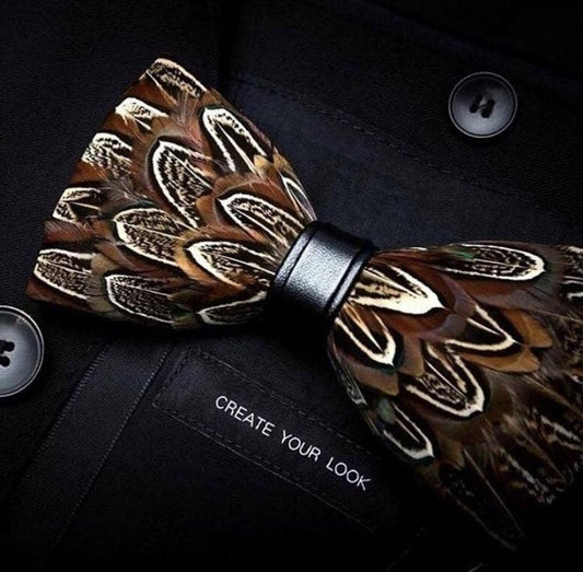 Handmade Brown Pheasant Feather Bow Tie
