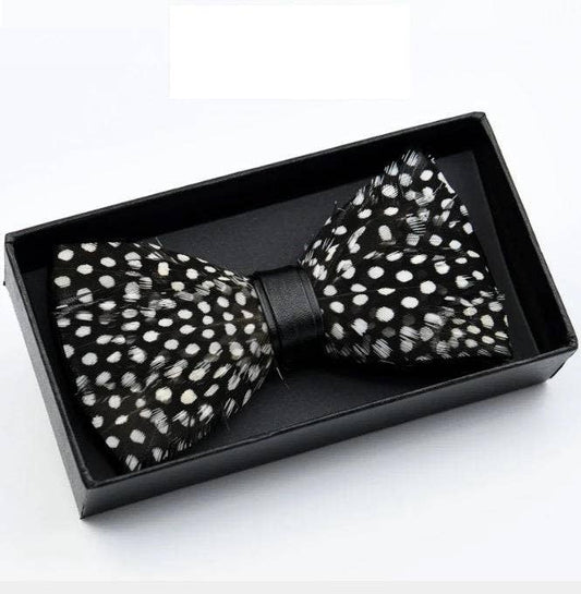 Handmade Black and White Polka Dot Feather Bow Tie