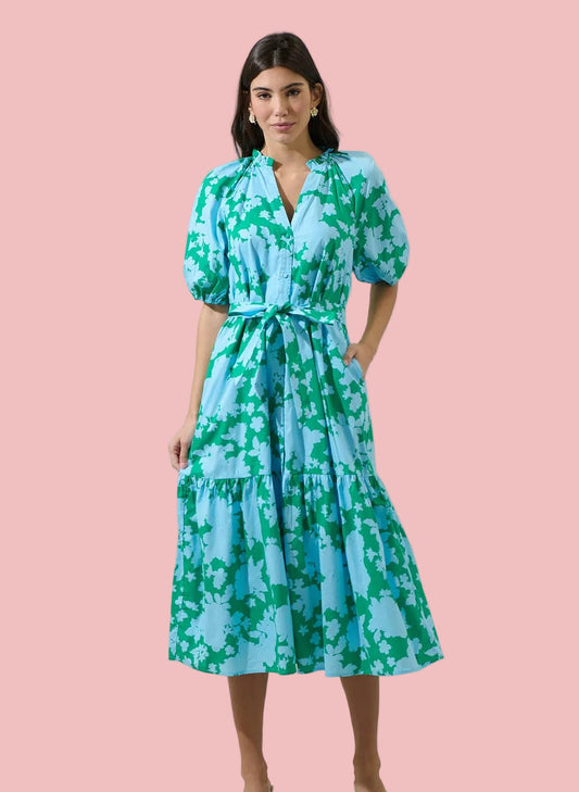 Riona Blue-Kelly Floral Tiered Midi Dress
