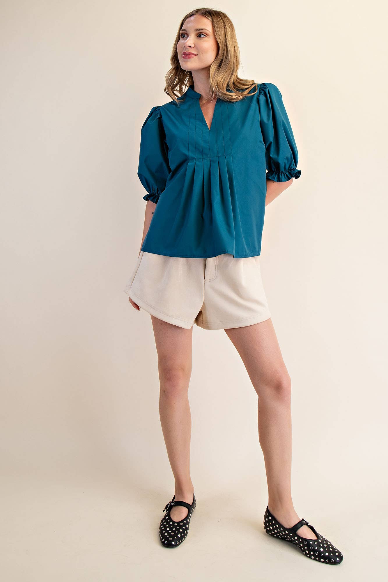 Teal V-Neck Puff Sleeve Top