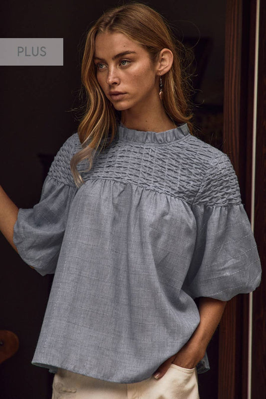 Denim Blue Bubble Sleeve Blouse