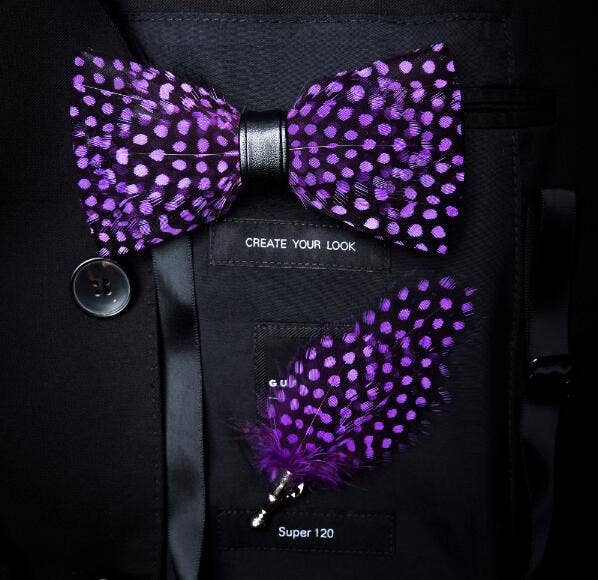 Handmade Purple Polka Dot Feather Bow Tie