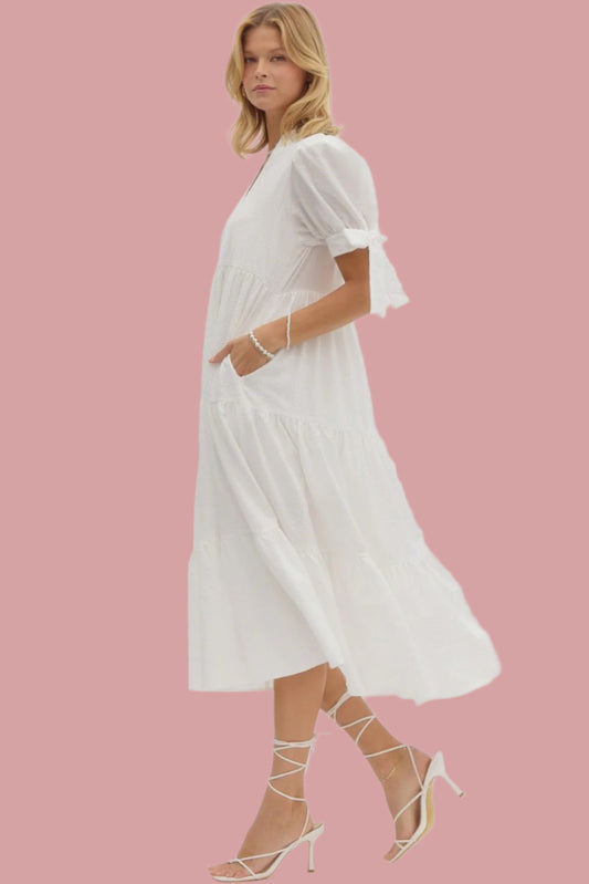 Off White Solid Textured Tiered Midi Dress