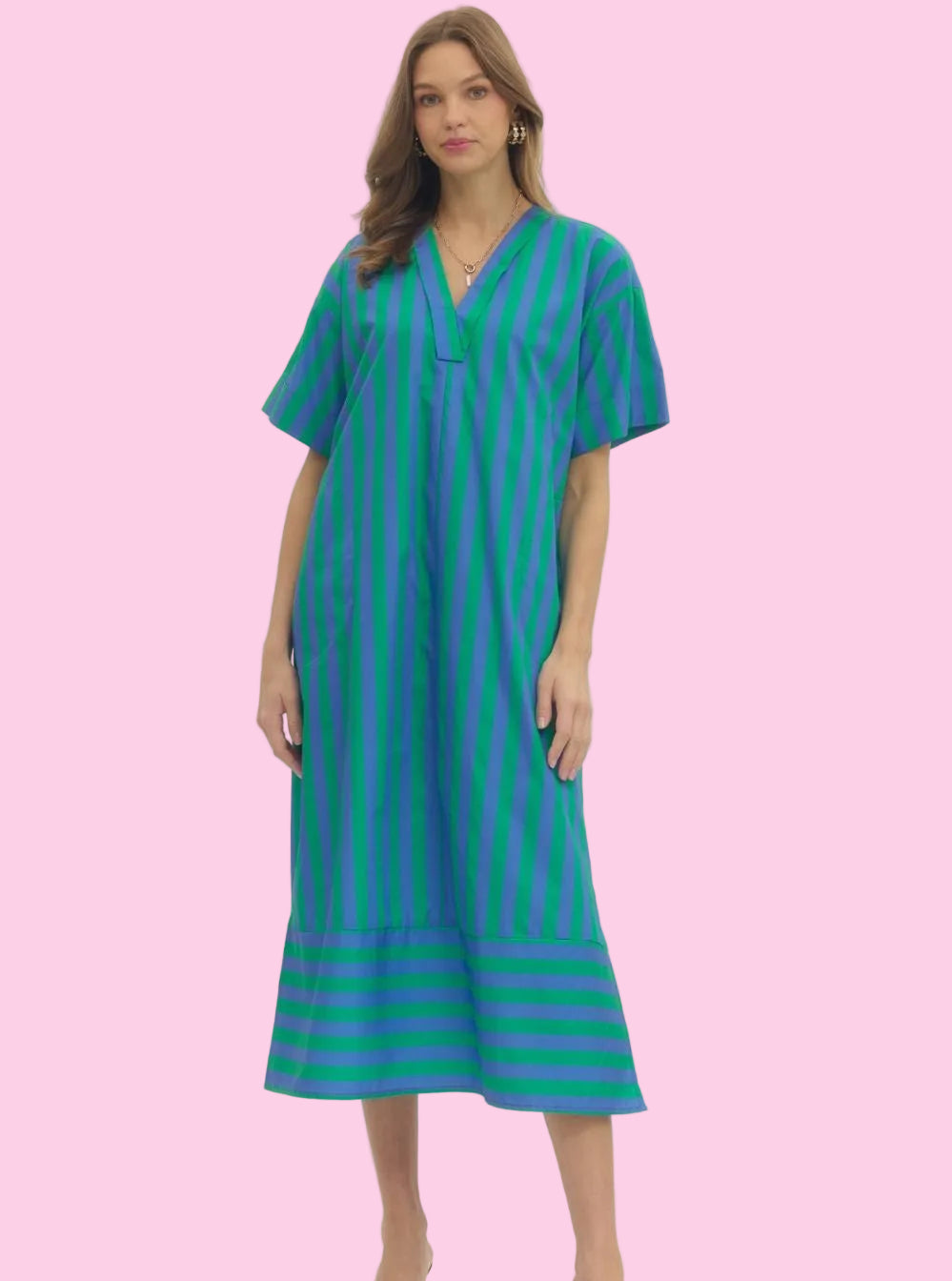 Green & Blue Stripe Midi Dress M