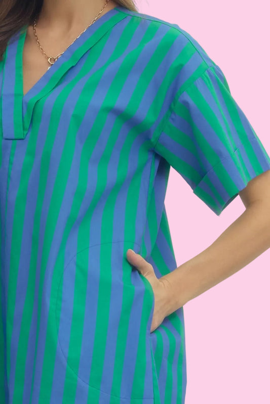 Green & Blue Stripe Midi Dress