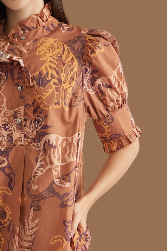 Tiger Patterned Ruffle Neck Mini Dress