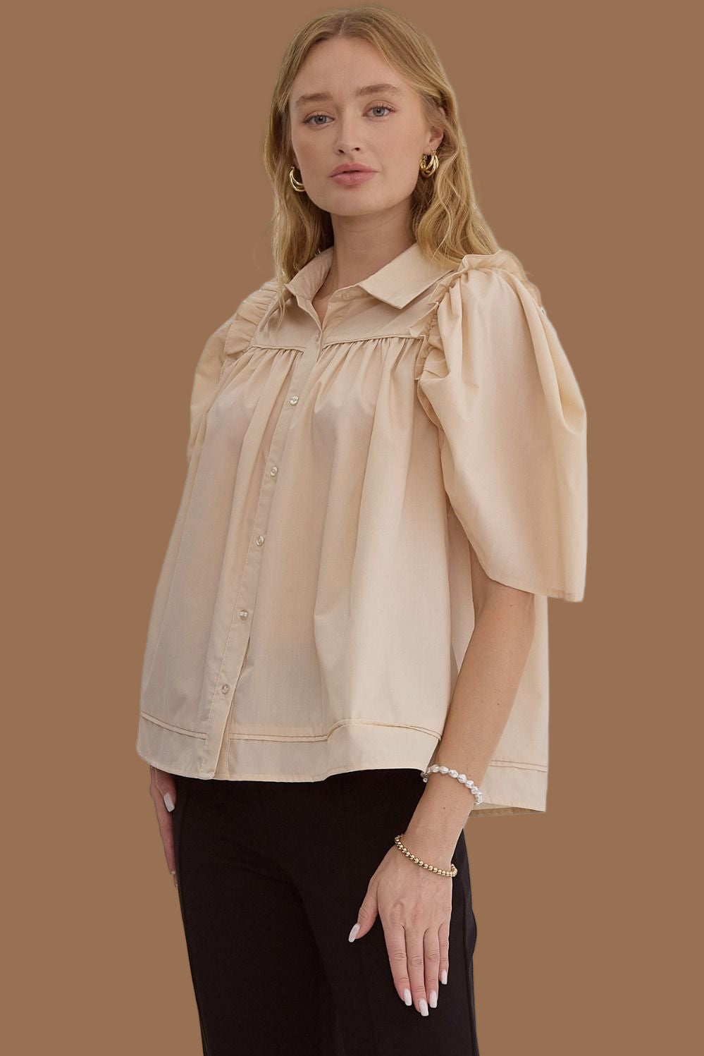Natural Solid Button Up Half Top