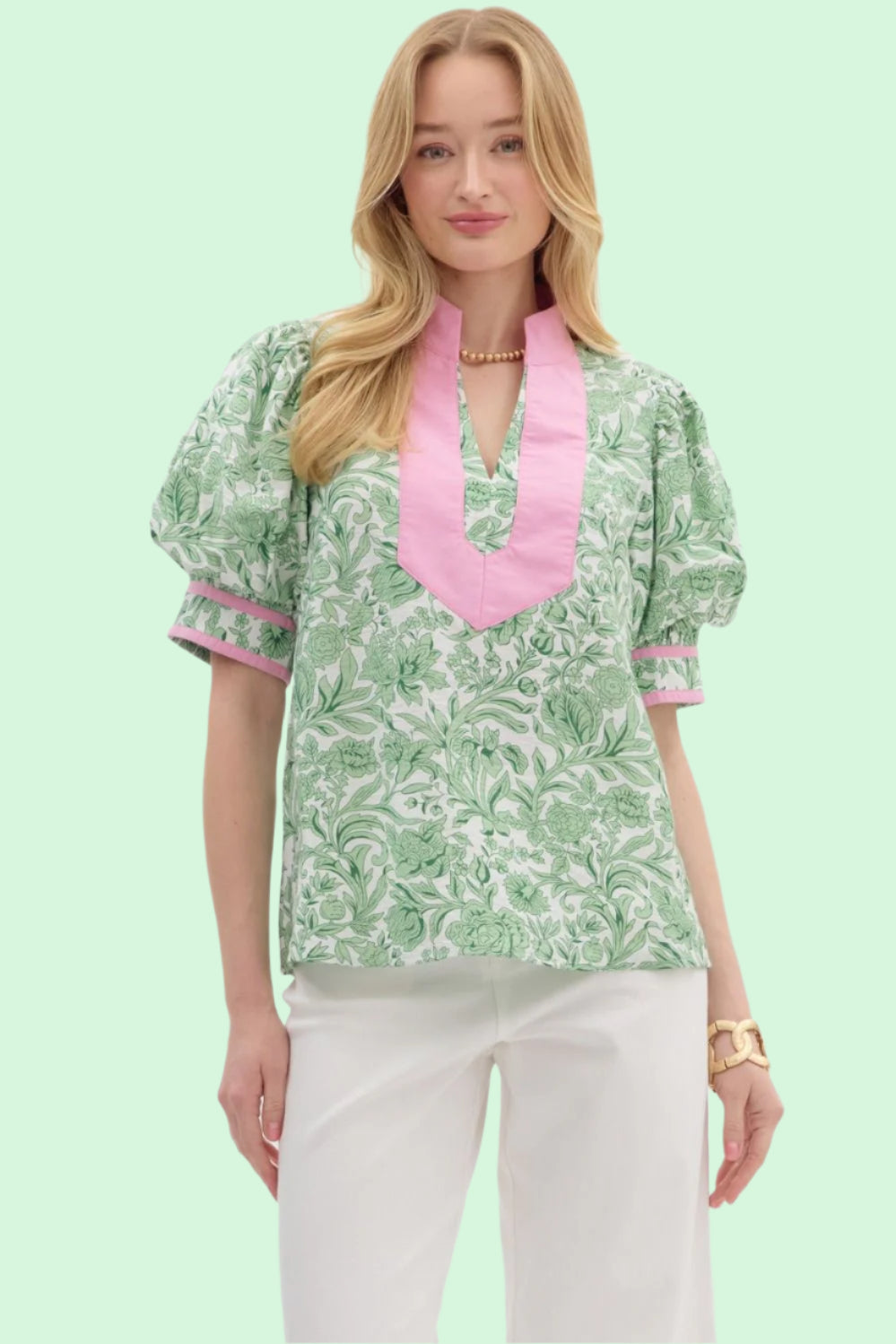 Green & Pink Floral Pull On Top