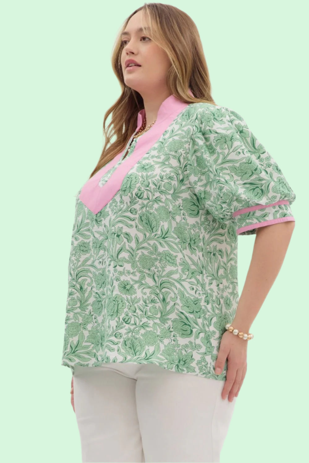 Green & Pink Floral Pull On Top