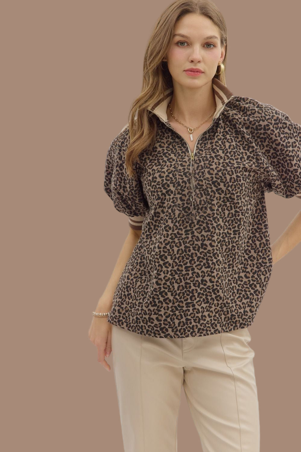 Mocha Leopard Half Zip Top