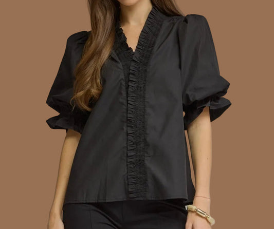 Black Solid Puff Sleeve Top