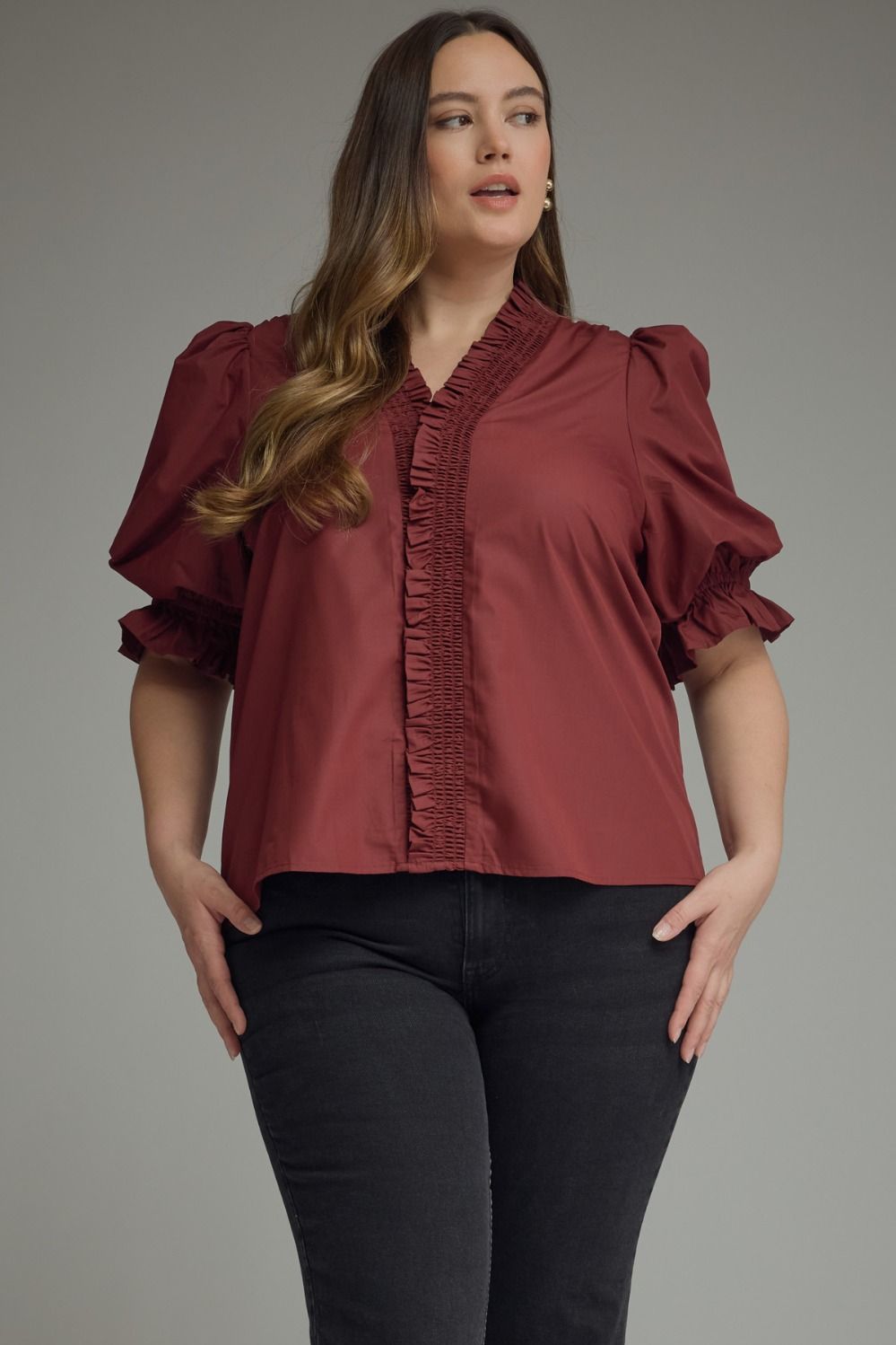 Wine Solid Puff Sleeve Top