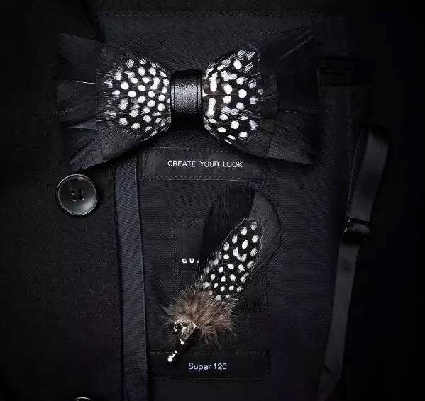 Handmade Black Feather Bow Tie with Black & White Polka Dot Accent