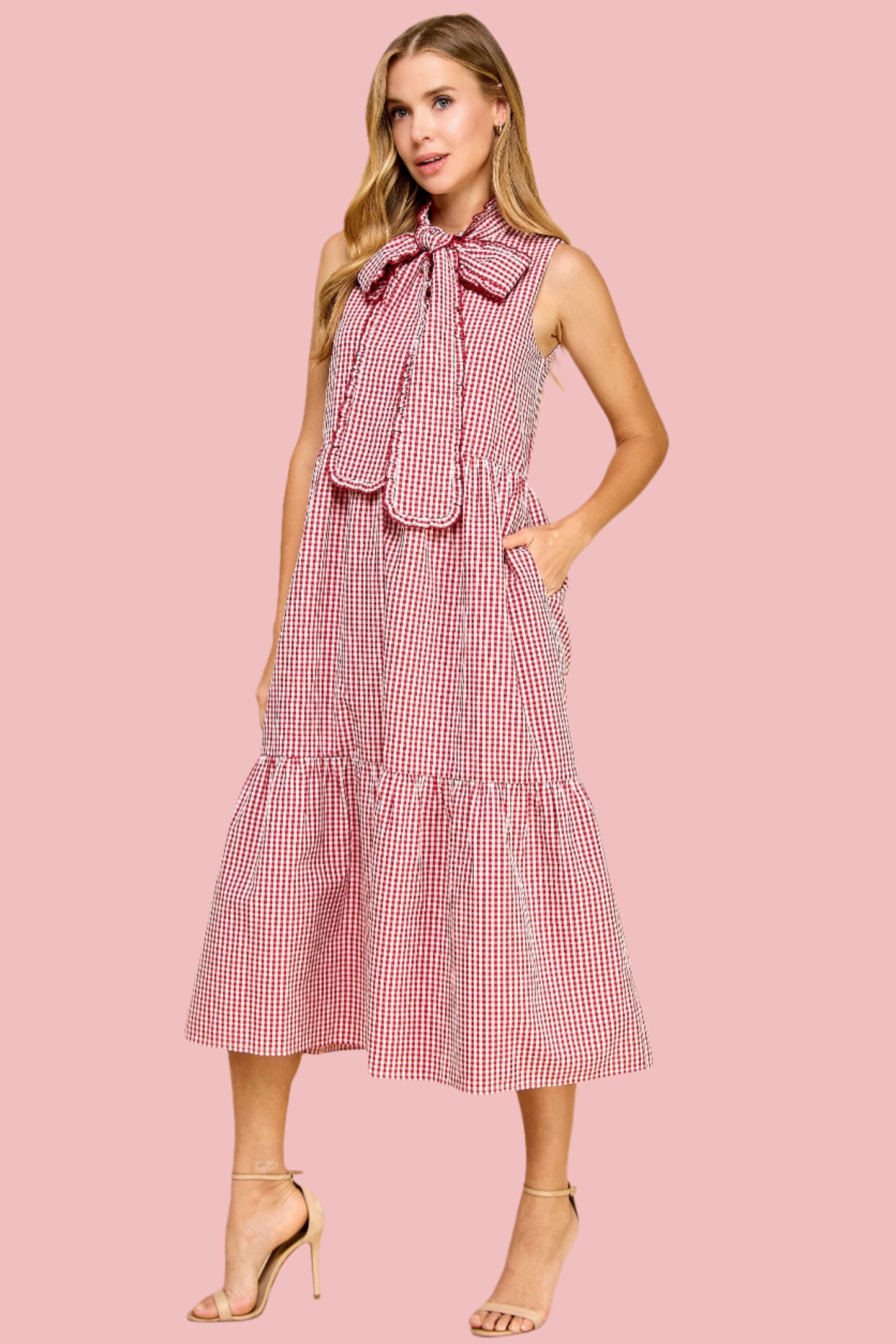 Red Gingham Bow Midi Dress