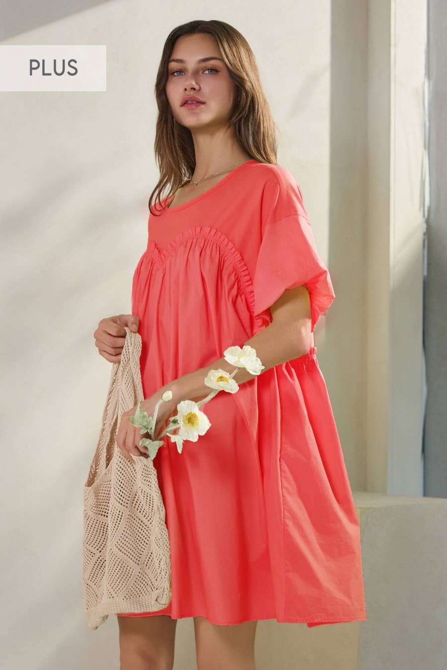 Sunset Coral Poplin & Knit Jersey Mini Dress