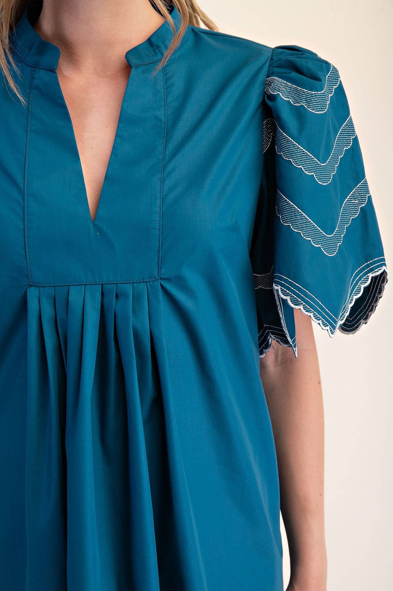 Teal Embroidered Balloon Sleeve Mini Dress