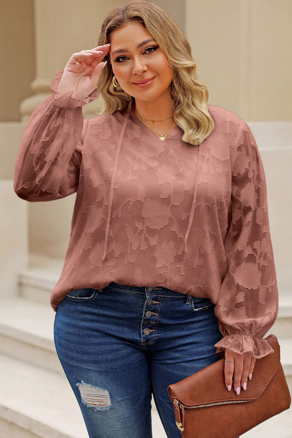 Pink Tie Neck Frill Trim Blouse