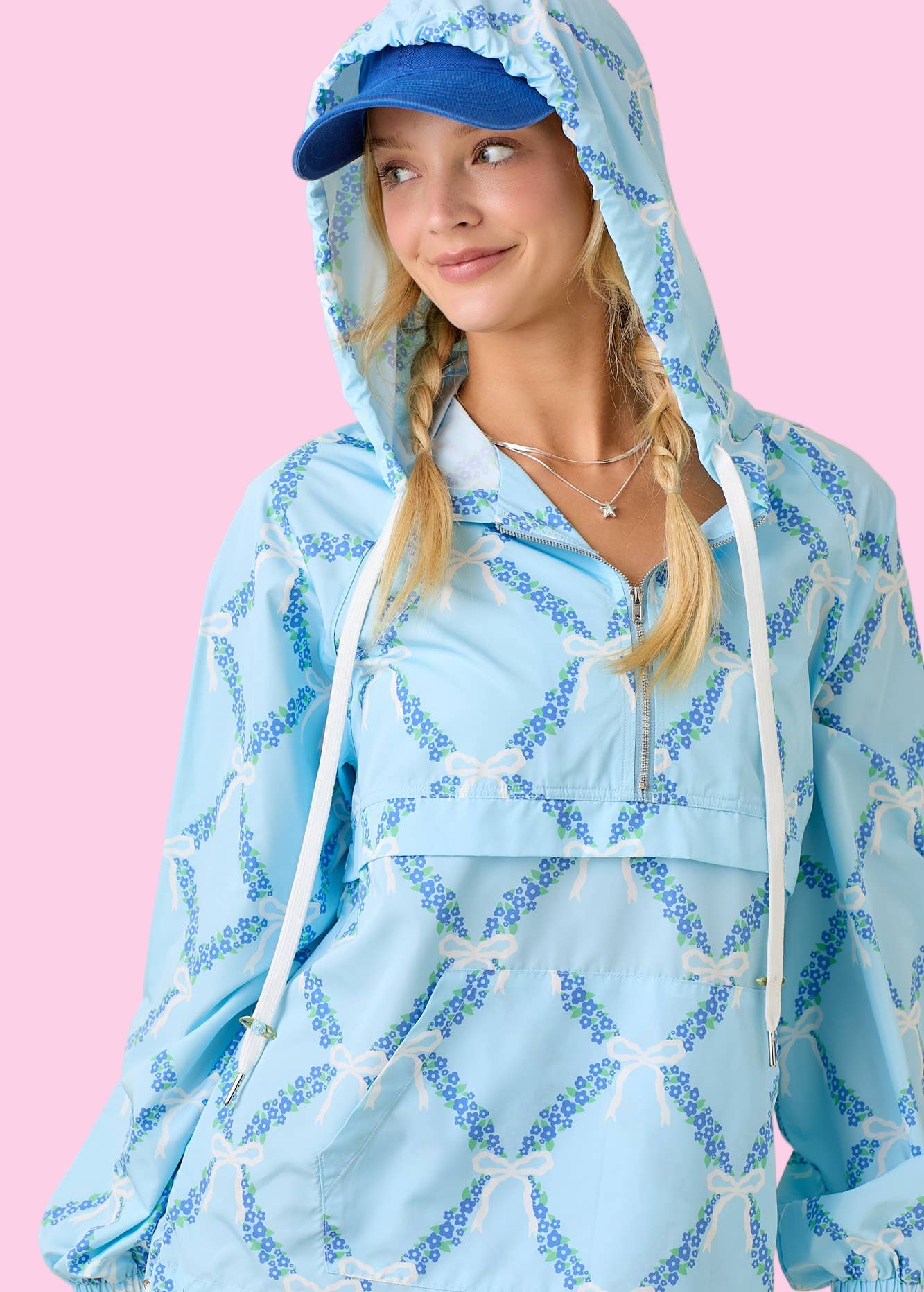 Blue Ribbon And Floral Printed Windbreaker