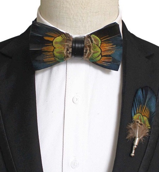 Handmade Navy Feather Bow Tie