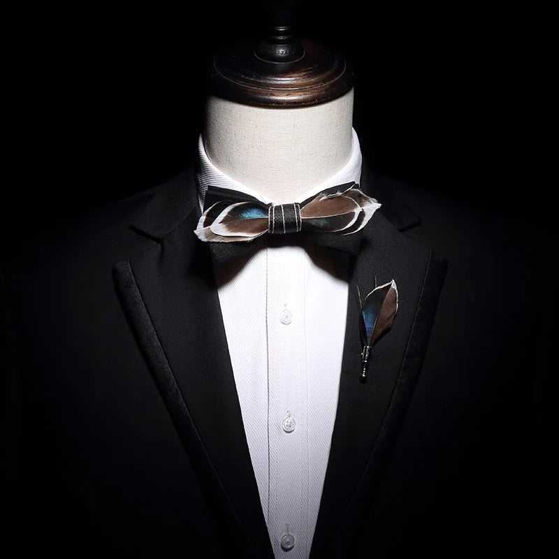Handmade Navy Blue, Brown and White Feather Bow Tie