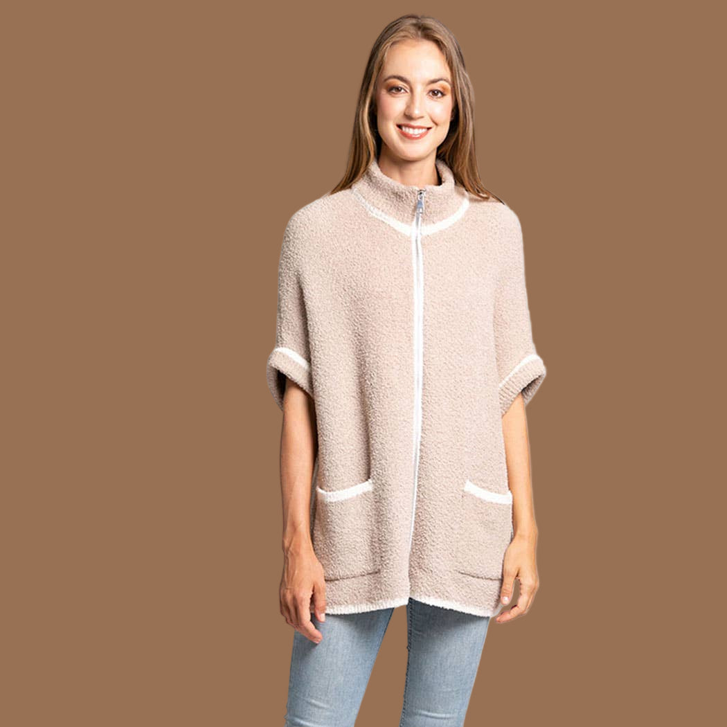 Beige Solid Zipper Jacket with Outlined Edges