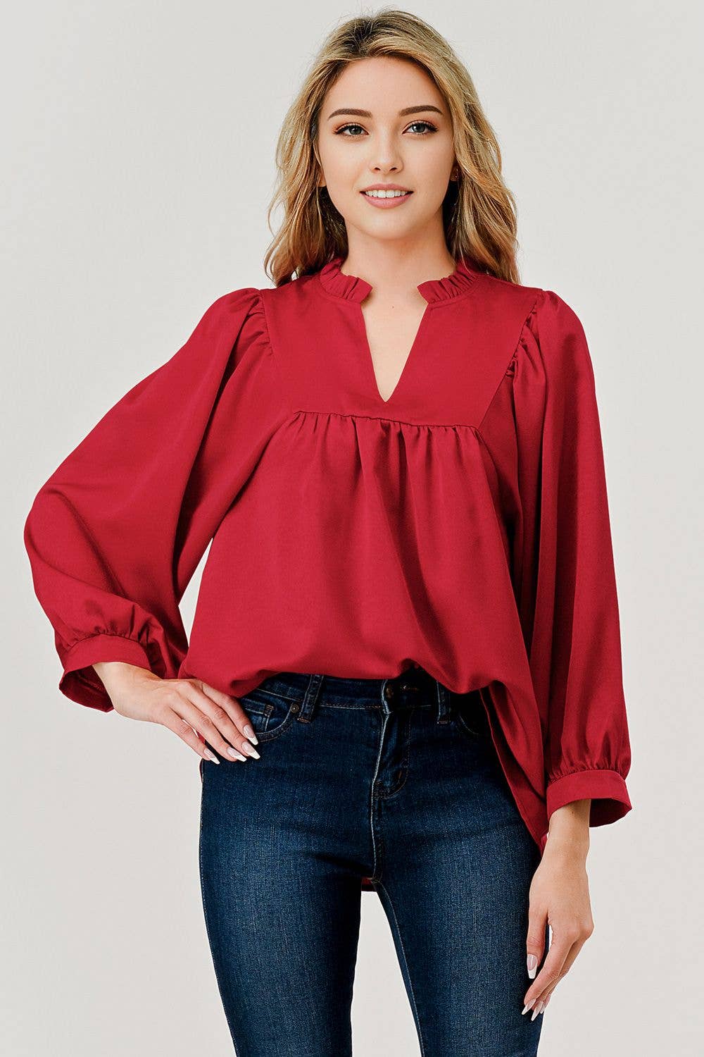 Cranberry 3/4 Sleeve Ruffle Collar Top