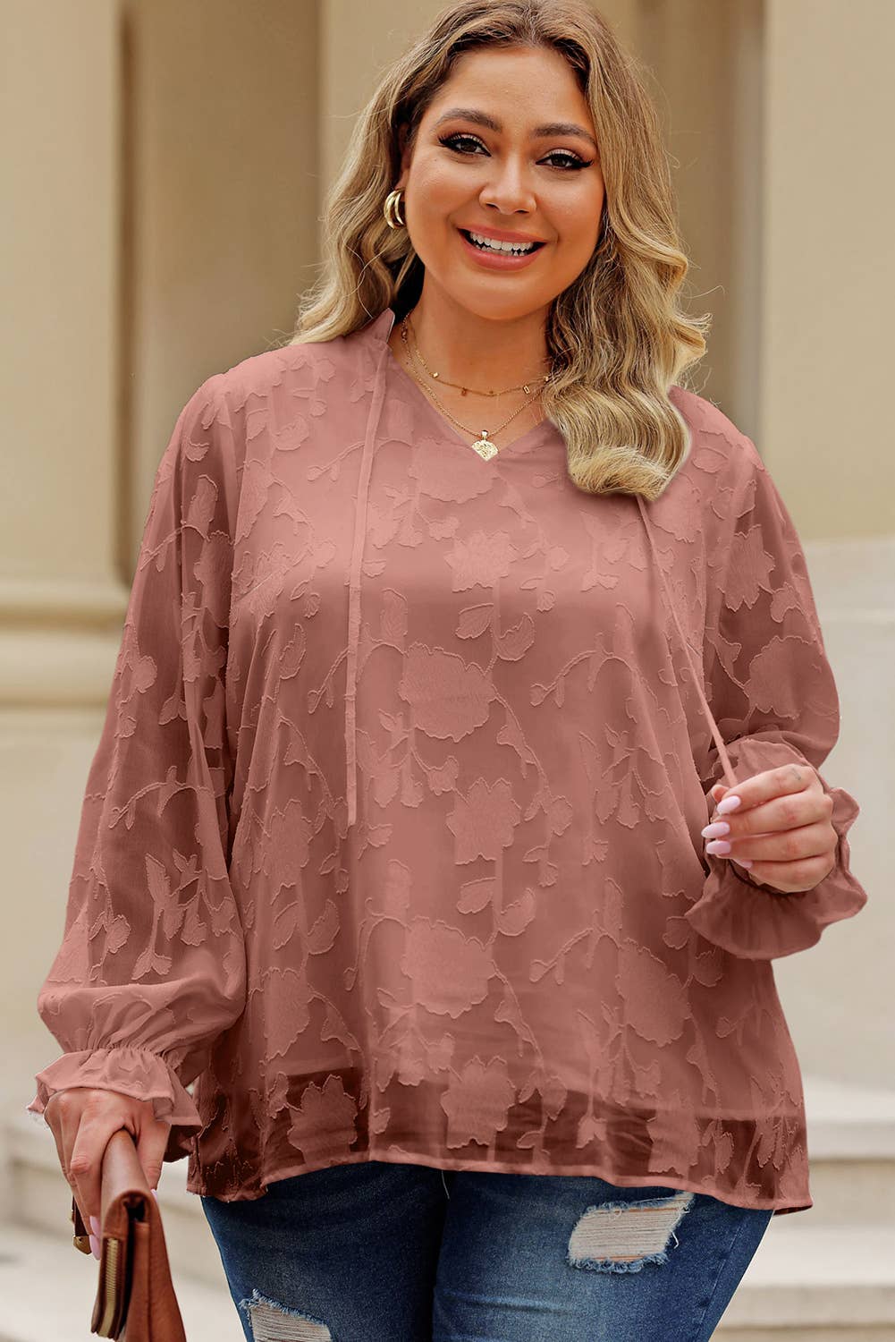 Pink Tie Neck Frill Trim Blouse