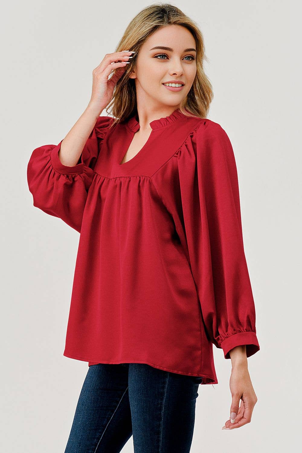 Cranberry 3/4 Sleeve Ruffle Collar Top