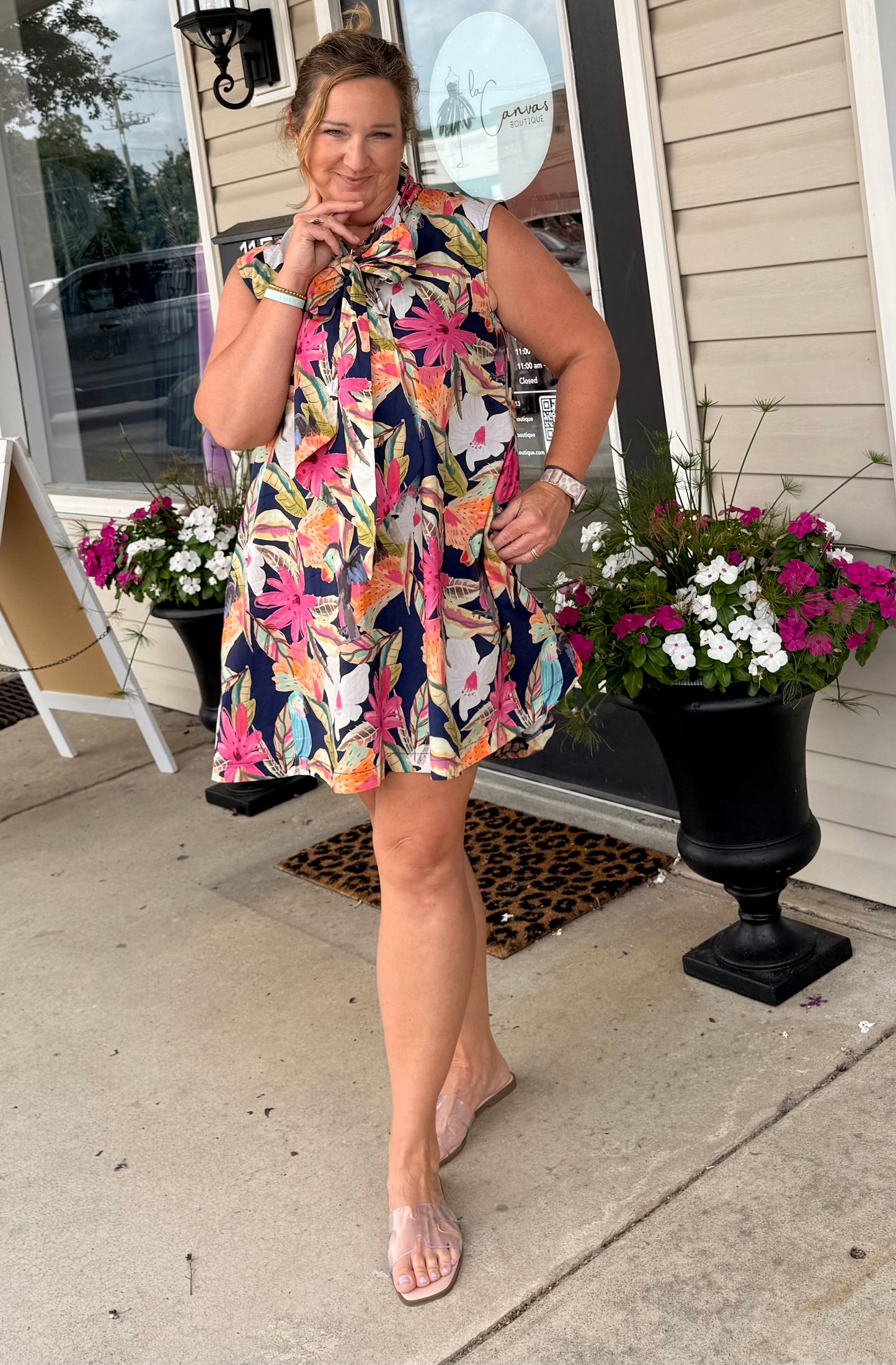 Navy Tie Neck Sleeveless Floral Mini Dress