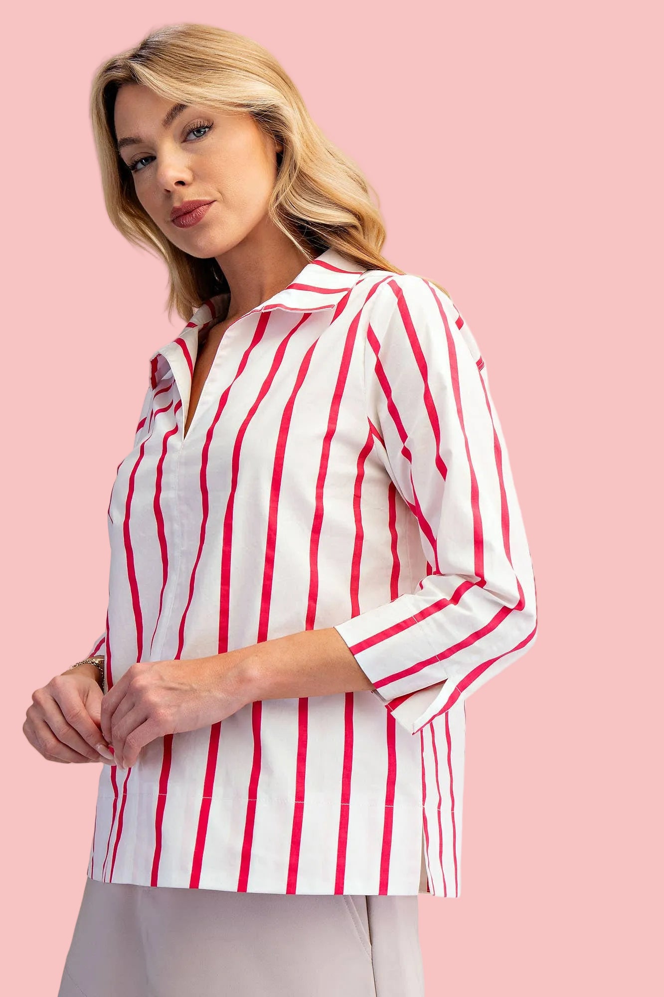 Hot Pink Stripe Stand Collar Blouse