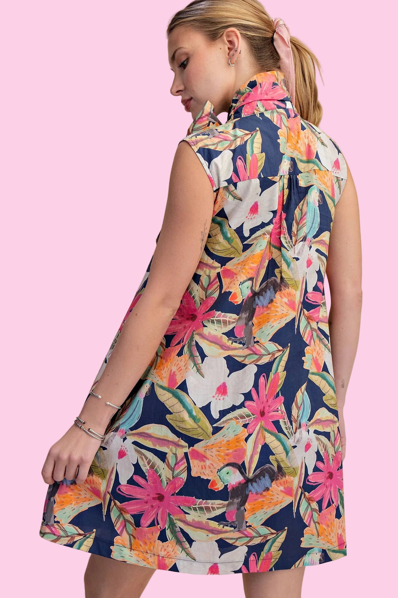 Navy Tie Neck Sleeveless Floral Mini Dress