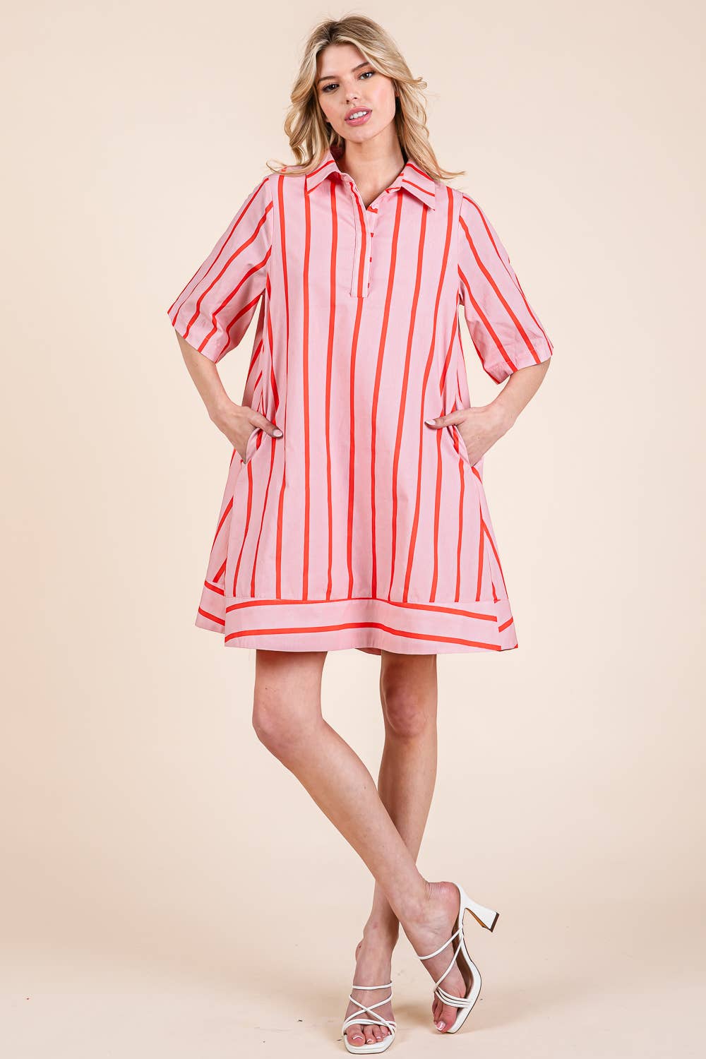 Pink and Coral Stripe Shirt Dress