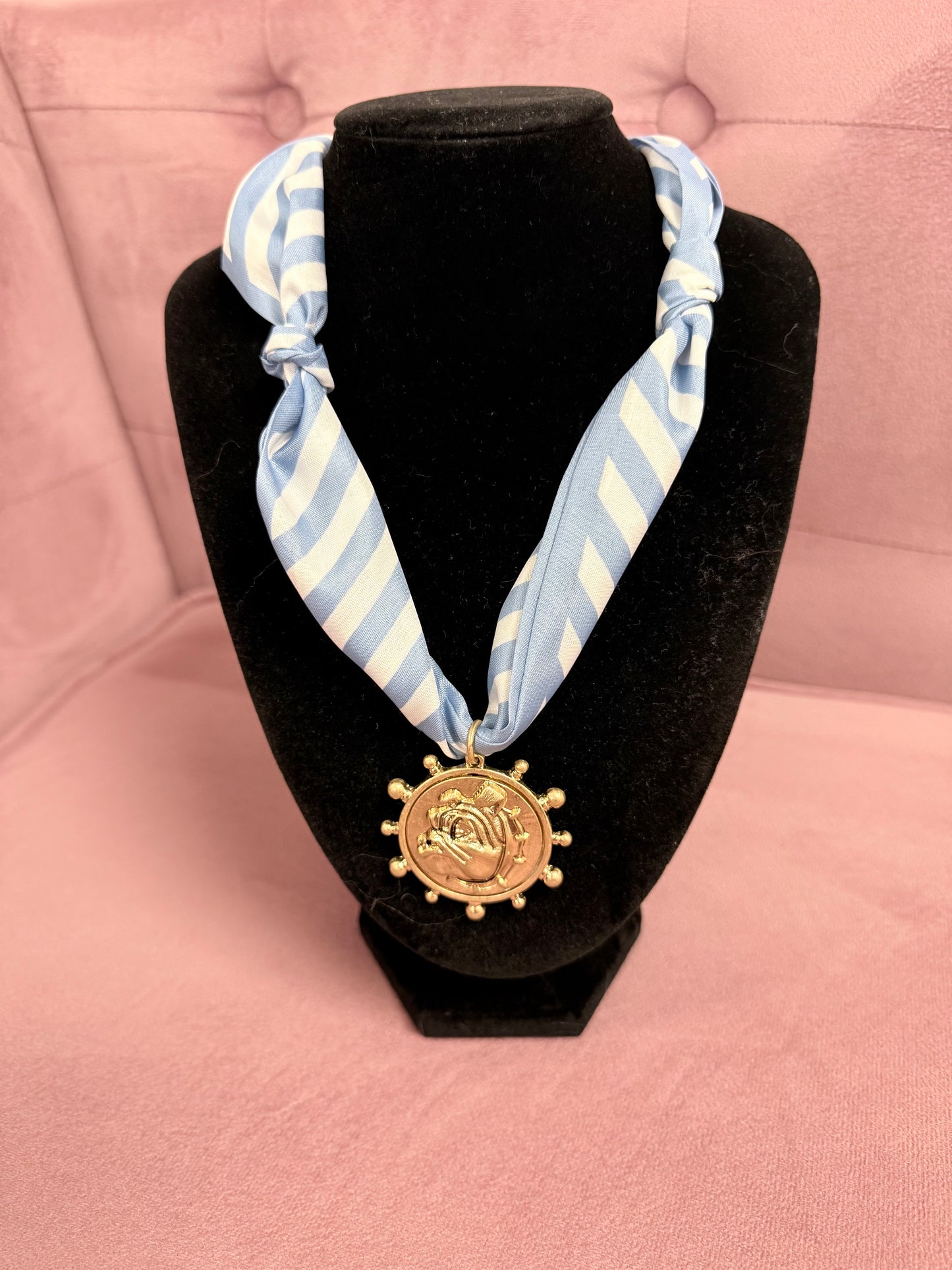 Bulldog Face Medallion Light Blue/White Striped Scarf Necklace
