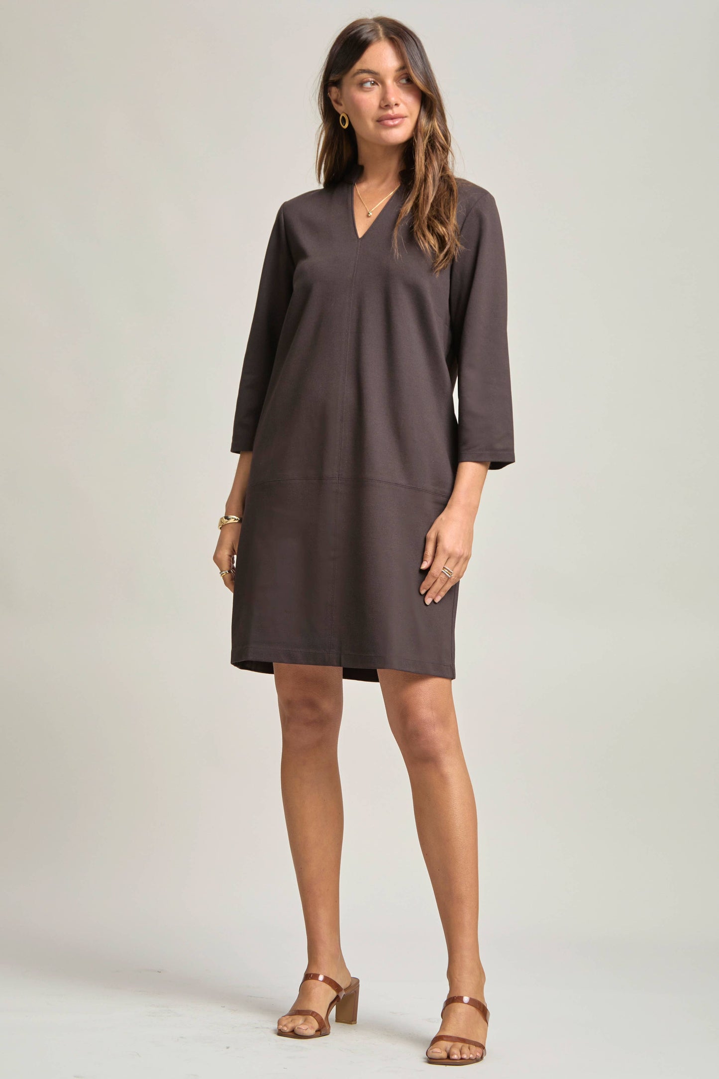 Cocoa Kiss Double Knit Ponte V-Neck A-Line Dress