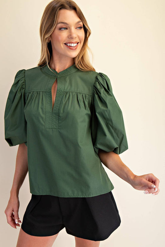 Olive Mandarin Collar V-Neck Bubble Sleeve Poplin Top
