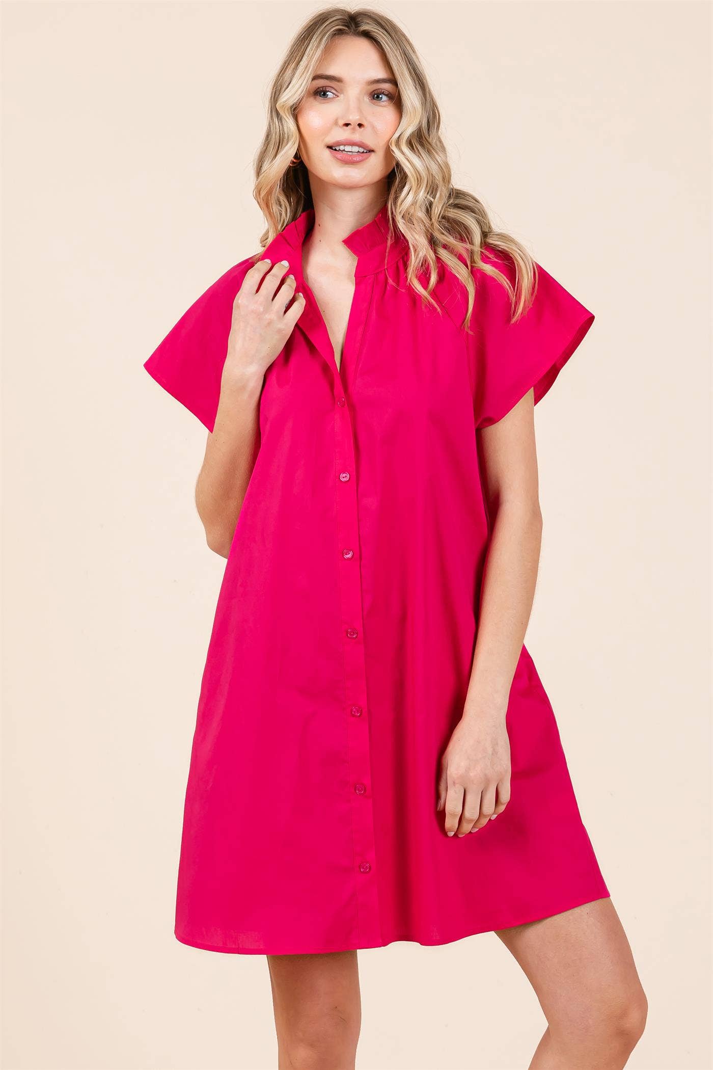 Fuchsia Poplin Shirt Short Dress