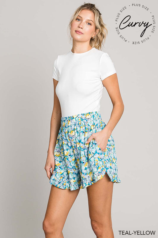 Teal/Yellow Floral Ruffle Hem Shorts