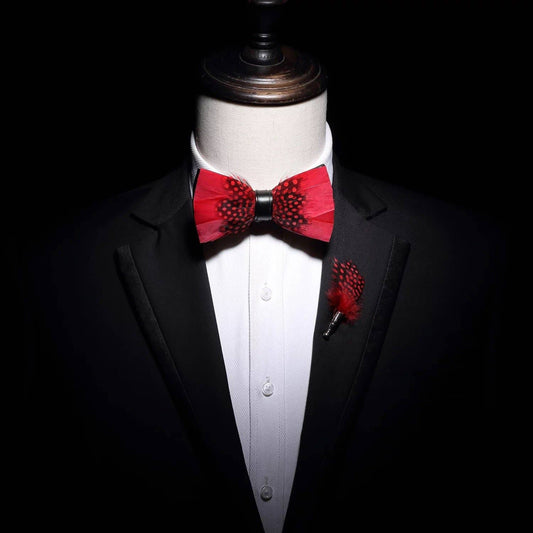 Handmade Red Polka Dot Feather Bow Tie