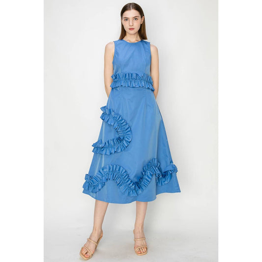 Sky Blue Frill Sleeveless Midi Dress