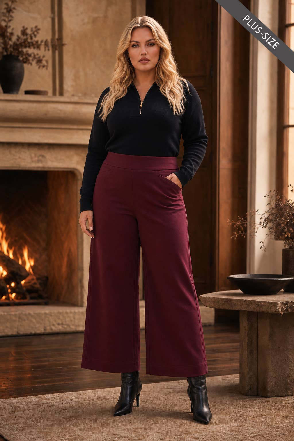 High Rise Bordeaux Wine Twill Wide-Leg Pants