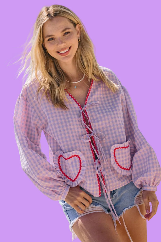 Lavender Gingham Front Tie Blouse