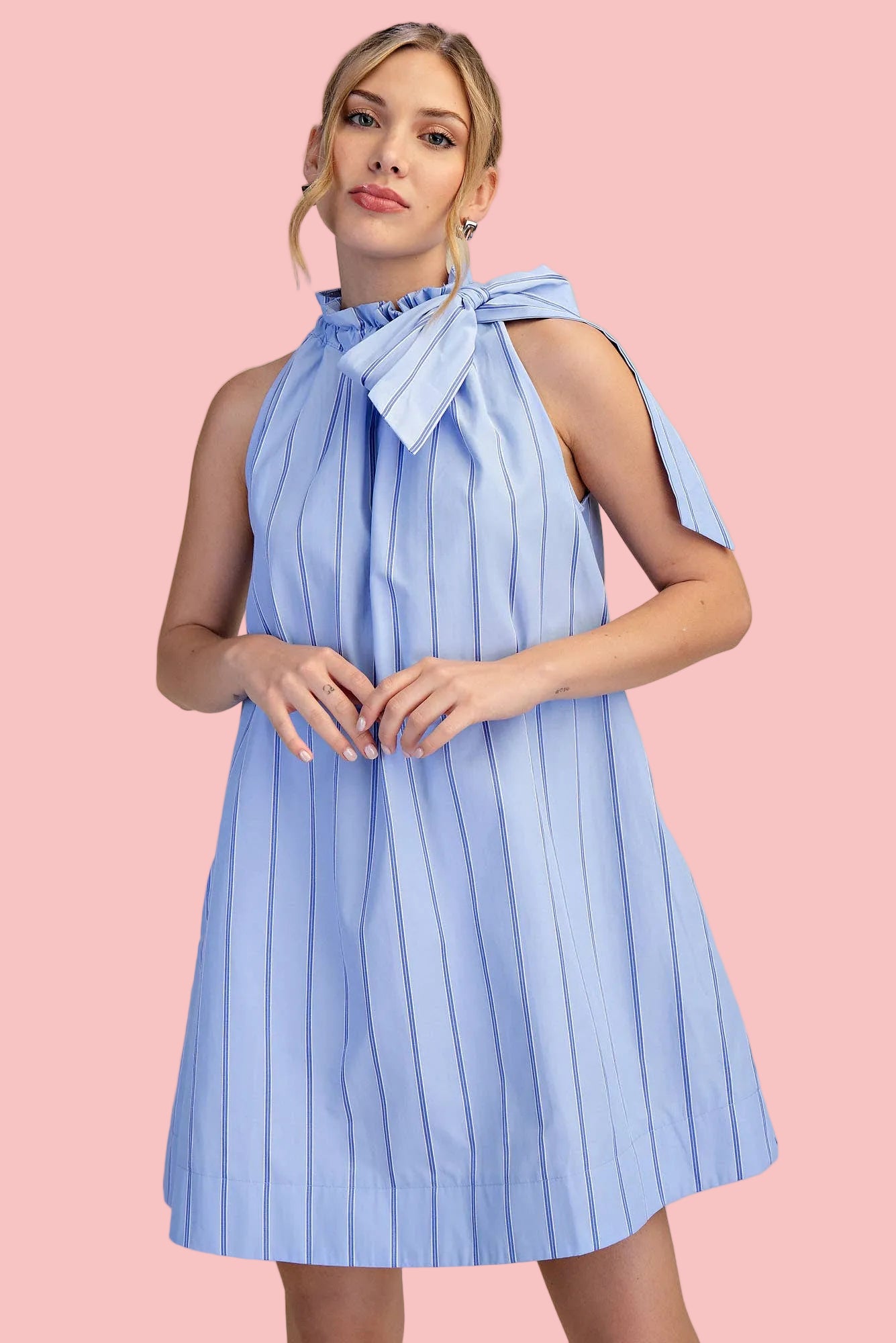 Bashful Blue Ruffle Neck Tie Dress