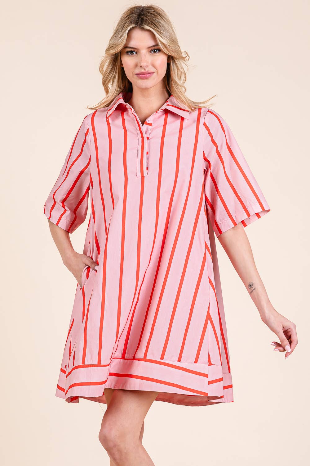 Pink and Coral Stripe Shirt Dress
