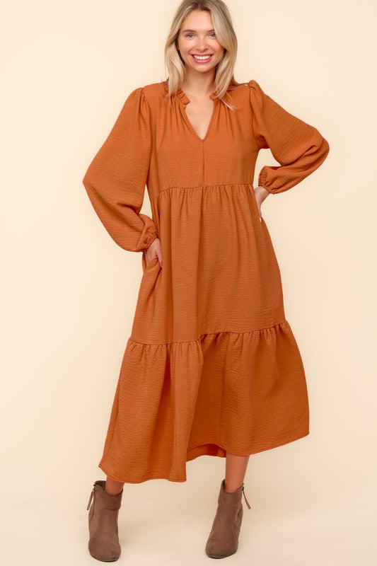 Pumpkin Bubble L/S Tired Maxi Dress