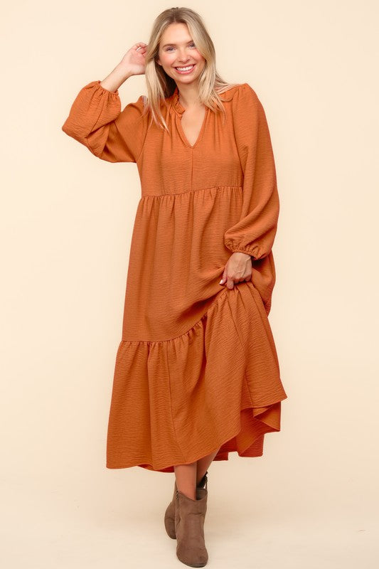 Pumpkin Bubble L/S Tired Maxi Dress