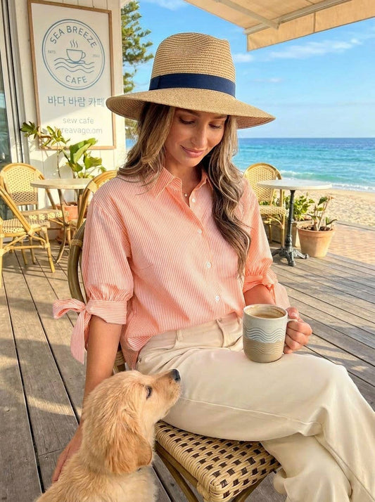 Orange Stripe Bow Tie Short Sleeve Blouse