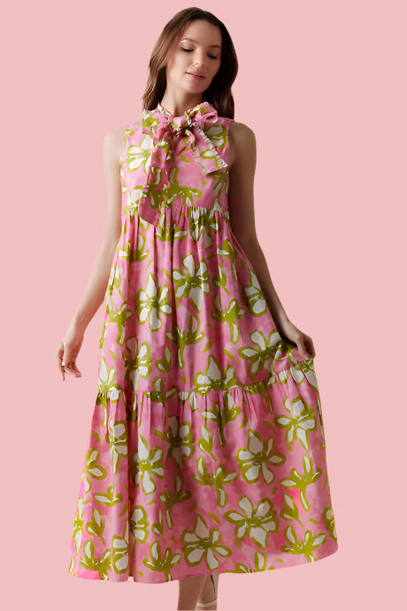 Pink Floral Print Midi Dress with Bow