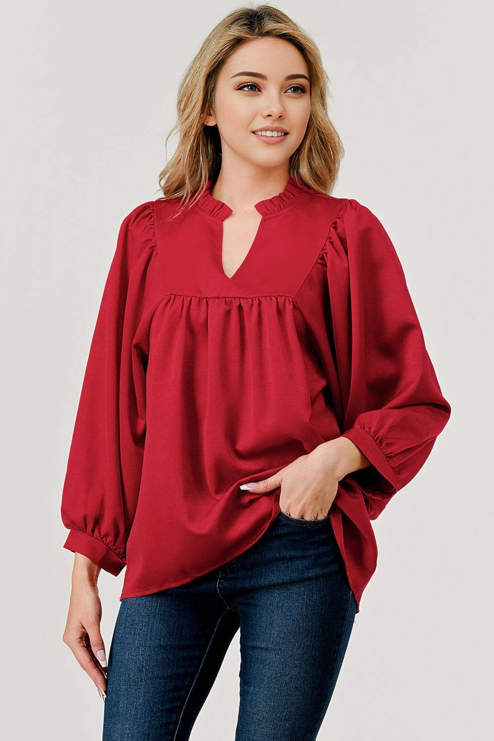 Cranberry 3/4 Sleeve Ruffle Collar Top