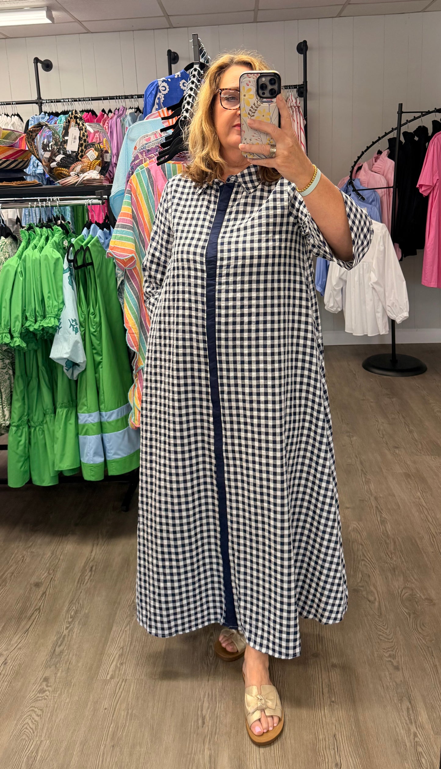 Navy Gingham 3/4 Sleeve Midi Dress