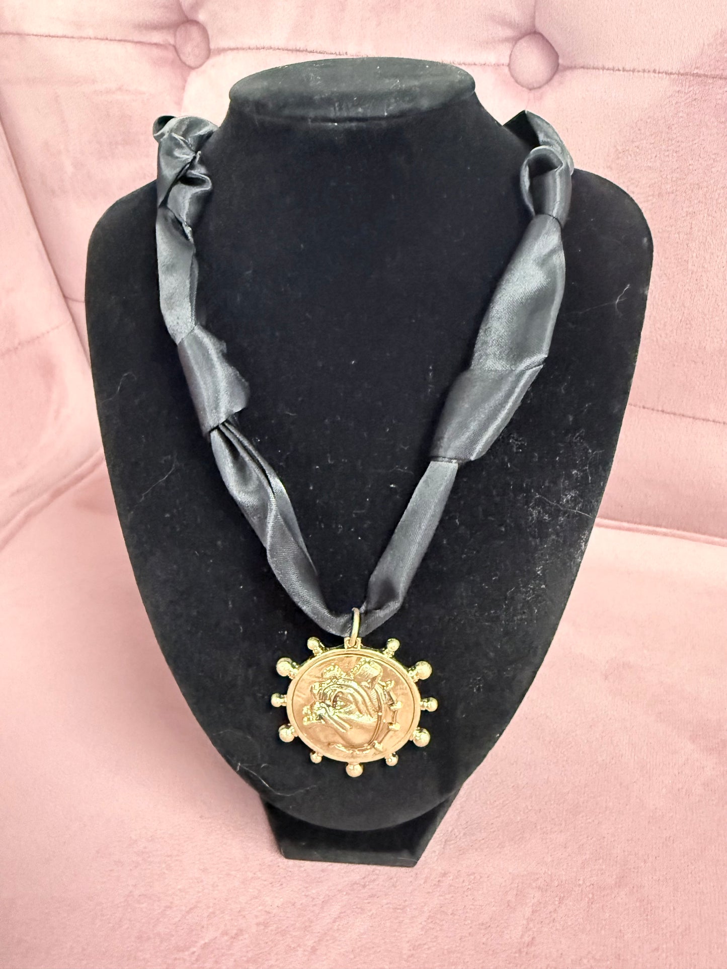 Bulldog Face Medallion Black Scarf Necklace
